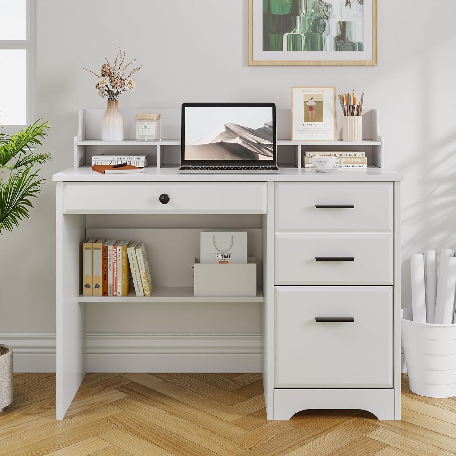 MaverickFurni White Desk with Drawers, Small Computer Desk with Drawers for Writing Study, Office Desk with File Drawer and Monitor Stand for Bedroom, Small Spaces