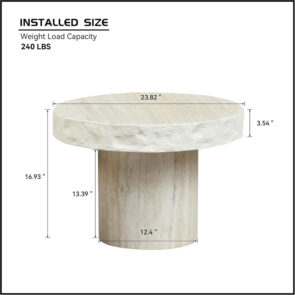 23.82 inch Small Side Table for Living Room, Round Pedestal Coffee Table Modern Center End Table for Small Space Apartment, Office, Indoor Outdoor Marble Fiber Concrete Stone Beige