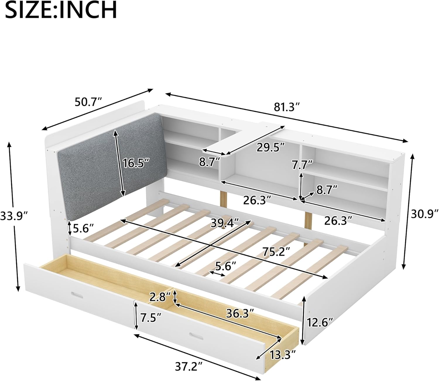 Twin Size Daybed with Storage Drawers and Bookcase,White | Pine Wood Corner Bed,Upholstered Storage Headboard,for Kids Boys Girls,Rotatable Board