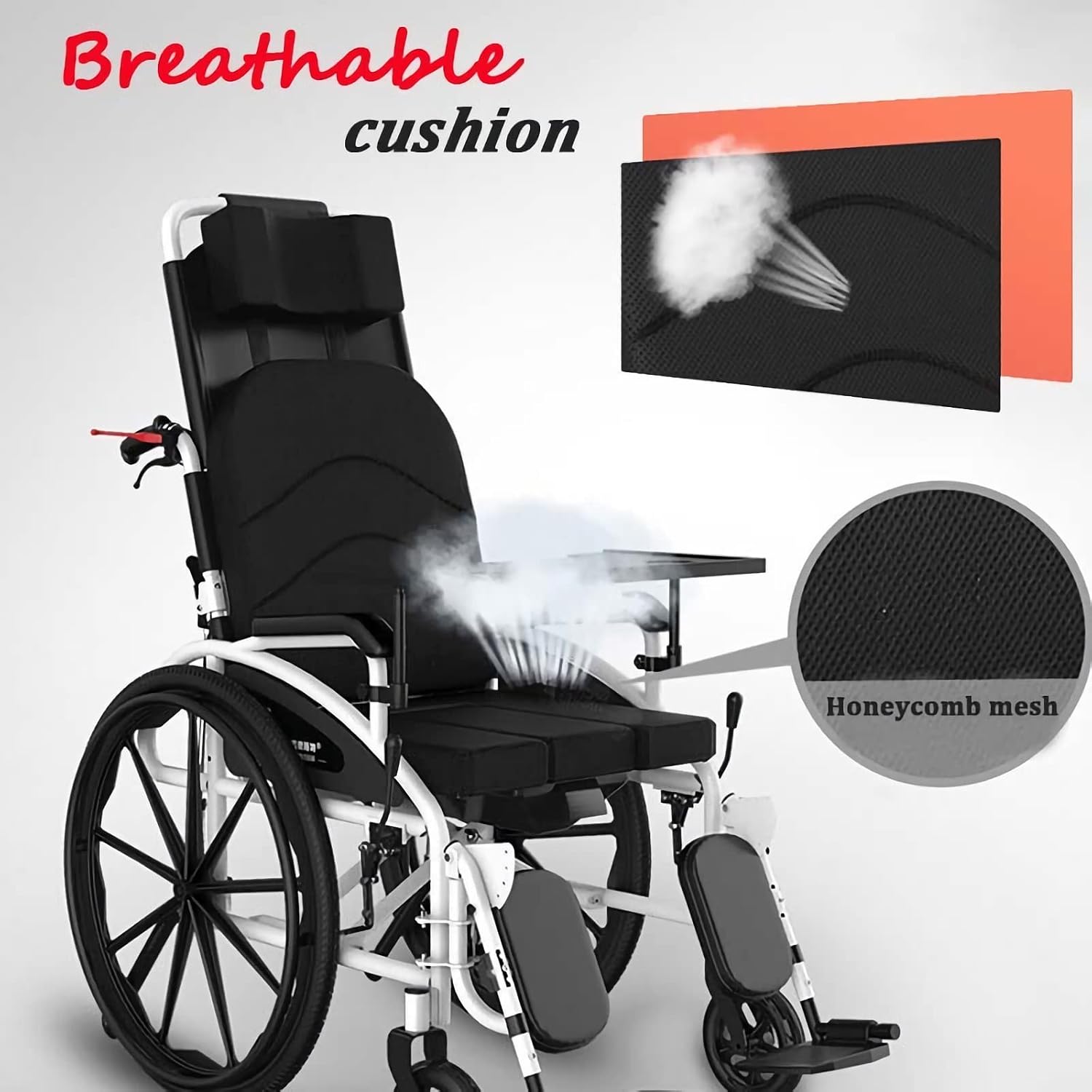 Full Reclining Wheelchair with High Back & Removable Headrest, Lightweight Foldable Manual Wheelchairs with Elevating Leg Rests, Fully Tiltable Scooter for The Disabled with Toilet, 18.5' Seat