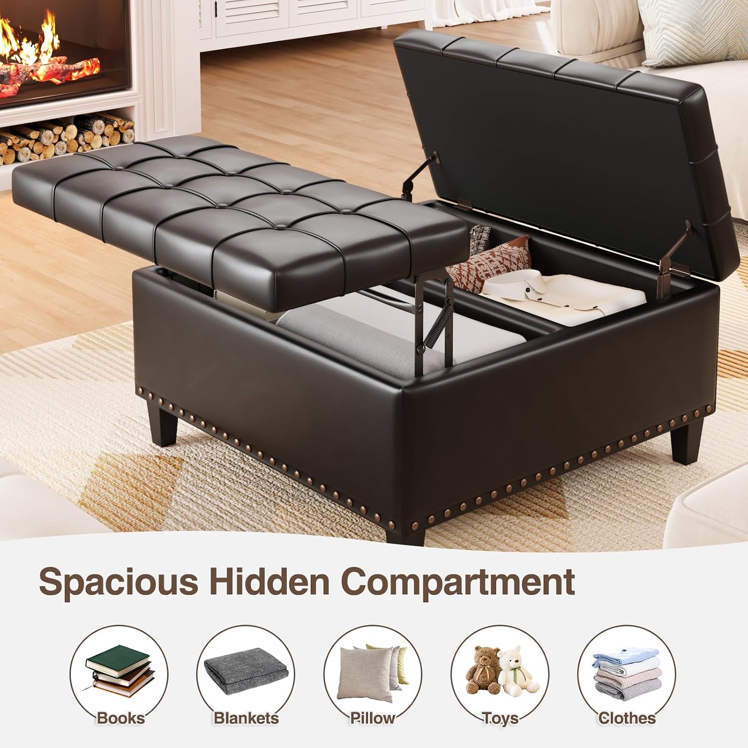 FiveWillowise Square Leather Ottoman with Storage, Faux Leather Coffee Table with Lift Top,Large Upholstered Footrest Stool Toy Box Storage Bench for Bedroom Living Room, Black