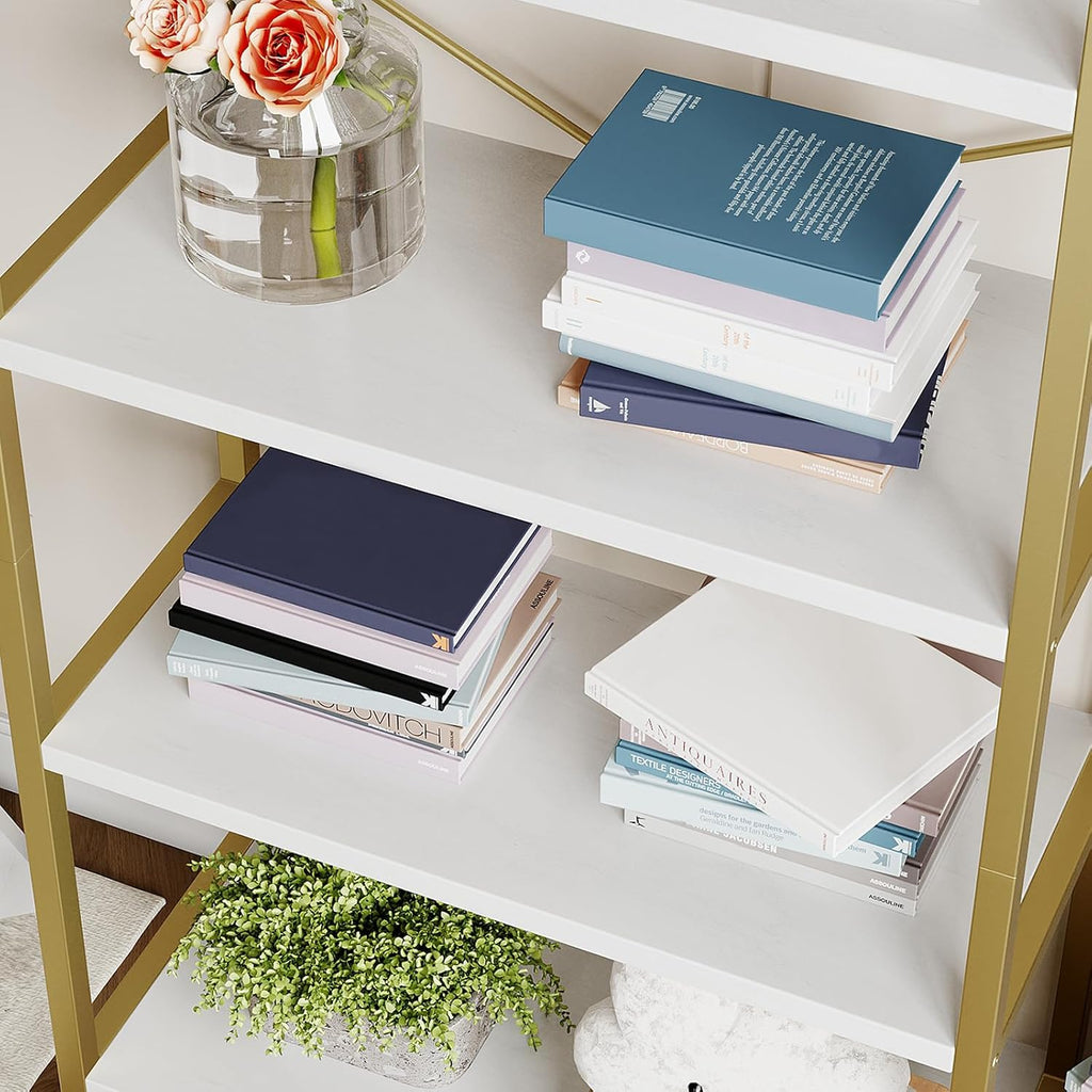 Takywep Bookshelf, Arched Bookcase with Metal Frame 5 Tiers Bookshelf Industrial Arched Cabinet Display Shelf Floorstanding Storage Shelving Unit for Bedroom Living Room Home Office, White and Gold