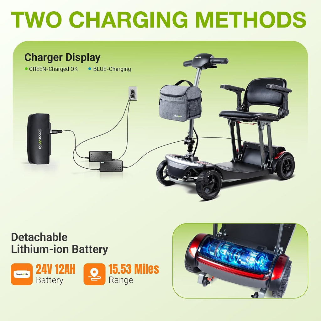 ScootNGo Mobility Scooter for Seniors & Adults Foldable, Airline Approved, 44Lbs Lightweight 4 Wheel Electric Scooter, Portable for Travel, with Removable Battery & USB Port
