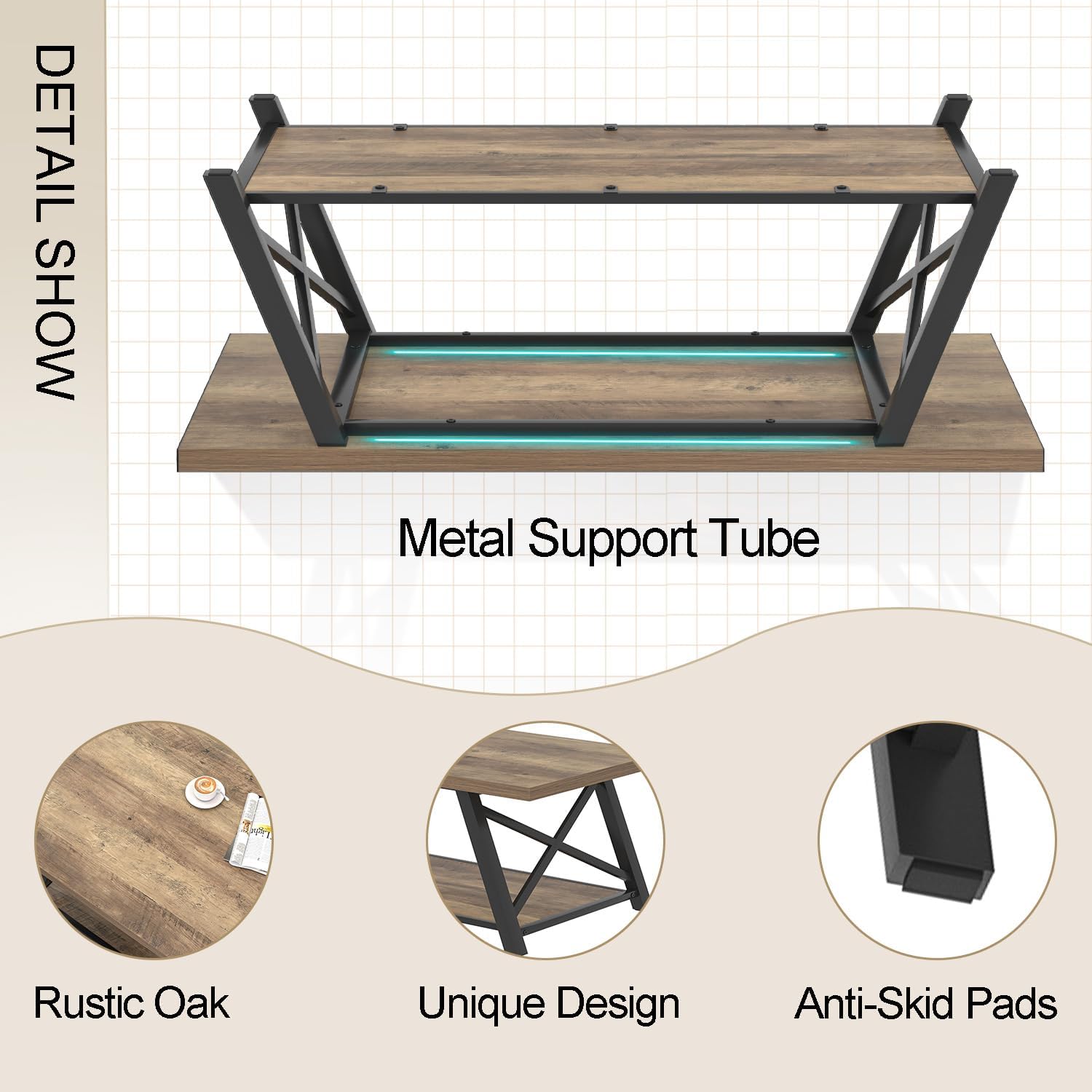 EXCEFUR Modern Coffee Table, Rectangle Center Table for Living Room with Storage Shelf, Industrial Wood and Metal Cocktail Tea Table, Rustic Oak, 47 Inch