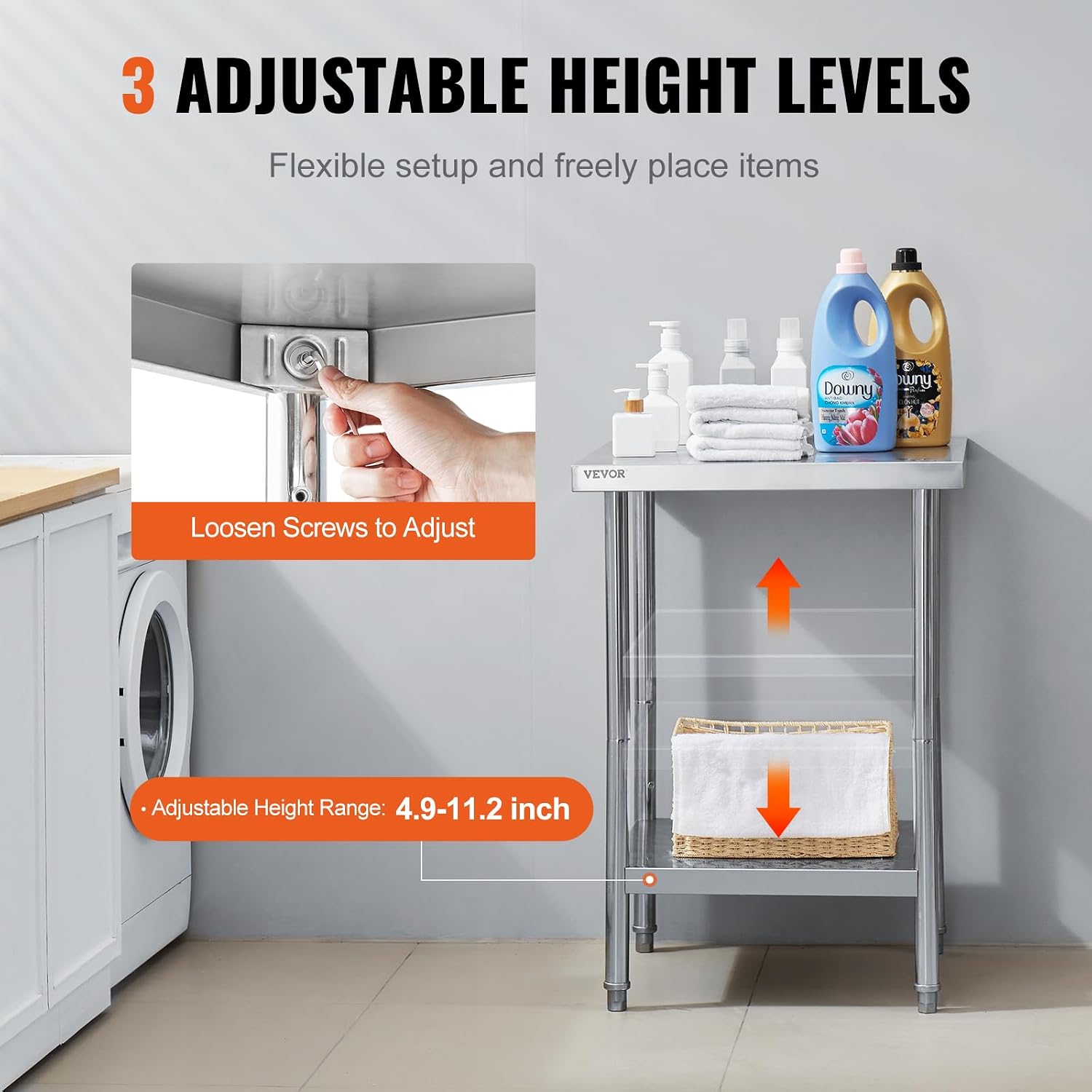 VEVOR Stainless Steel Prep Table, 24 x 24 x 34 Inch, 700 lbs Load Capacity, Heavy Duty Metal Worktable with 3 Adjustable Height Levels, Commercial Workstation for Kitchen Garage Restaurant Backyard