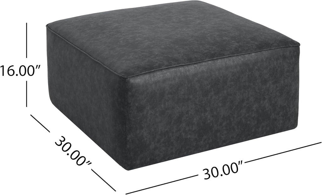 Christopher Knight Home Ellis Faux Leather Ottoman Footstool, Square Pouf Poufee Footrest Ottoman Large Seat, Modern Side Table for Living Room Bedroom Home Decor Gifts, Black