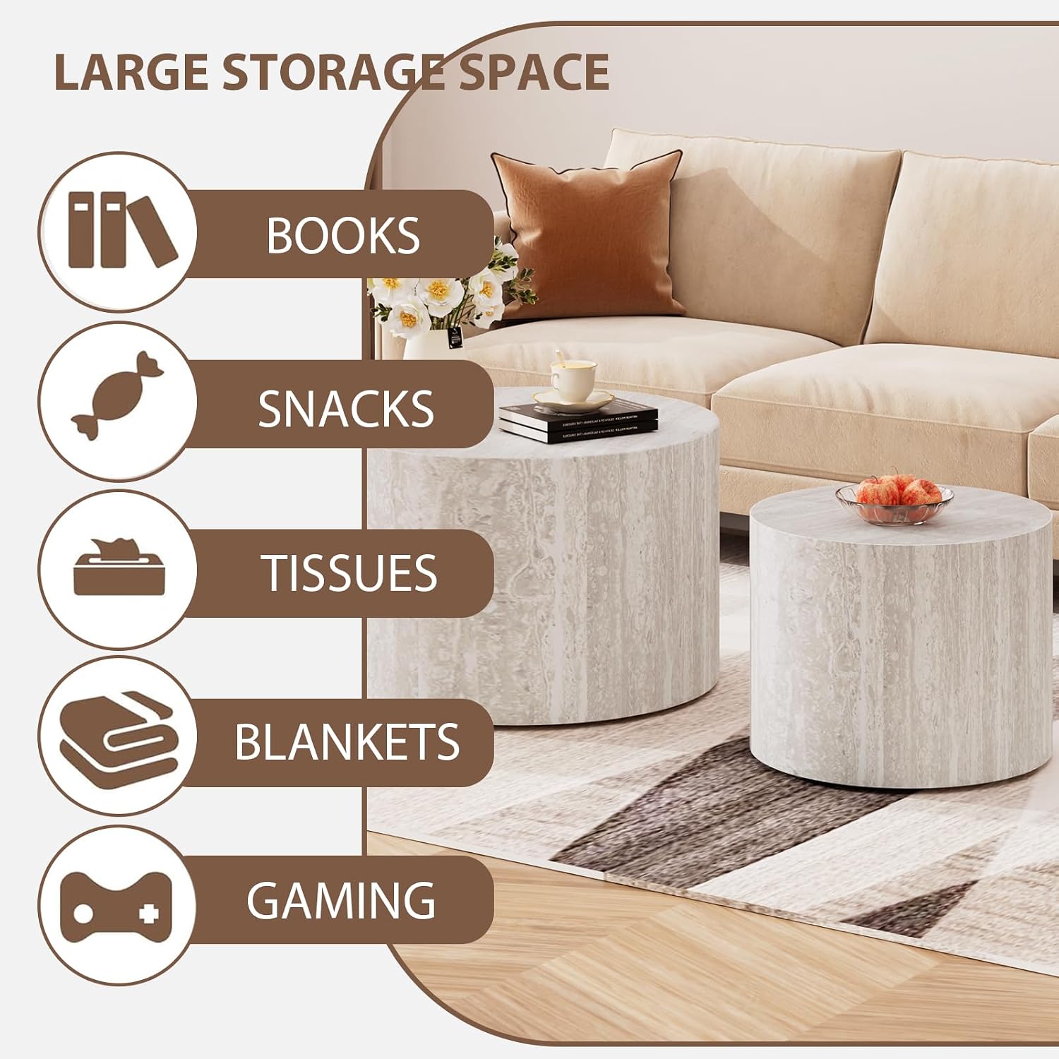 Round Wood Coffee Table Set of 2 Modern Circle Nesting Coffee Table Handcrafted Drum Nesting Table Nesting Coffee Tables for Living Room for Small Space (Travertine B (D18.2+D14.6 inch))