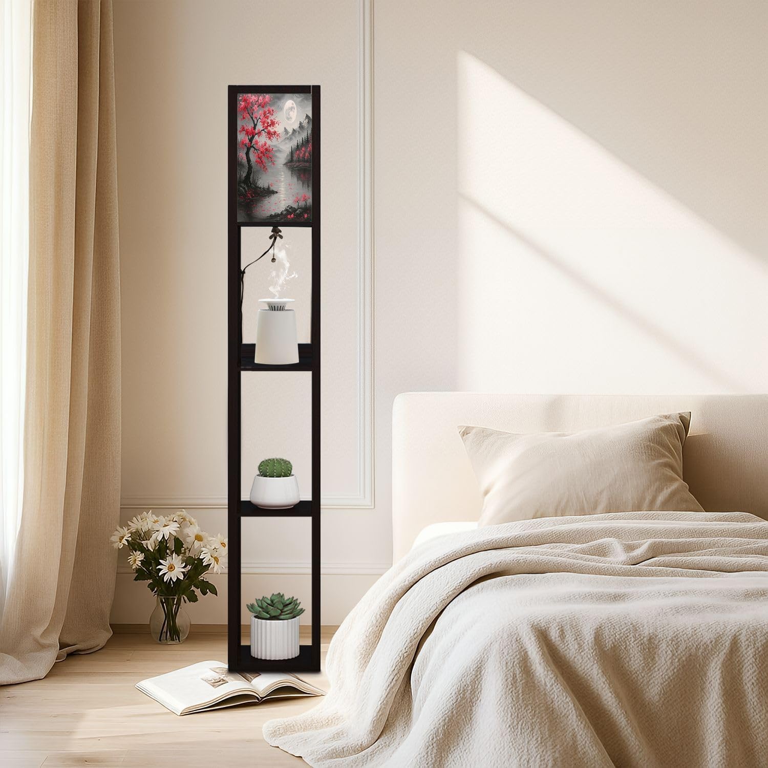 Floor Lamp with Shelves Grey Red Plum Blossom Tree Full Moon Landscape Contemporary Cherry Standing Tall Lamp USB Ports & Power Outlet Modern Corner Lamp Nightstand Light for Living Room Bedroom