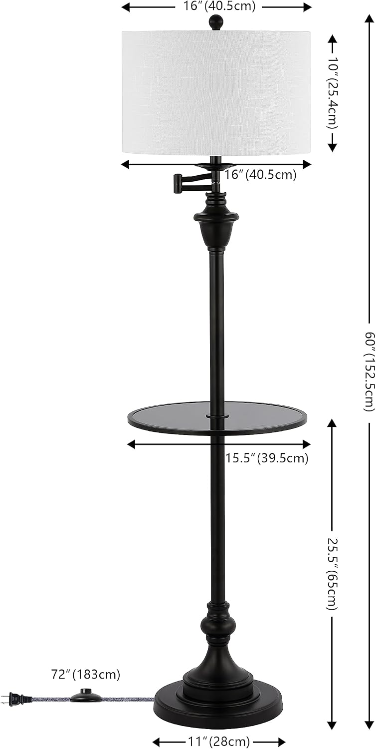 JONATHAN Y 60' Black Floor Lamp with Integrated Glass Side Table, Modern Swing Arm Standing Lamp for Living Room, White Linen Shade, LED Bulb Included (JYL3055D)