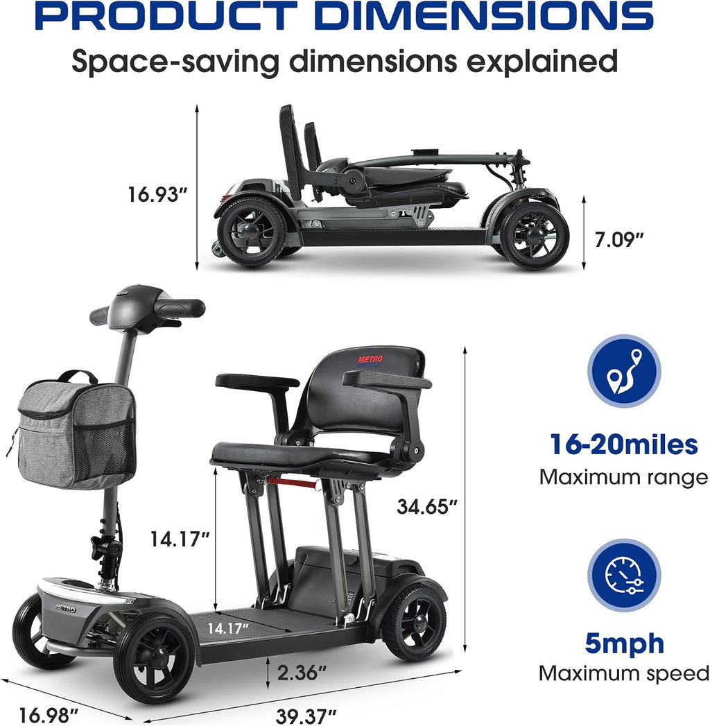 Metro Mobility Powered Mobility Scooters, 4 Wheel Foldable Mobility Scooter for Adults-265 lbs Capacity Folding Mobility Scooter, 20 Miles Long Travel Range Scooter with USB Charger Port Black
