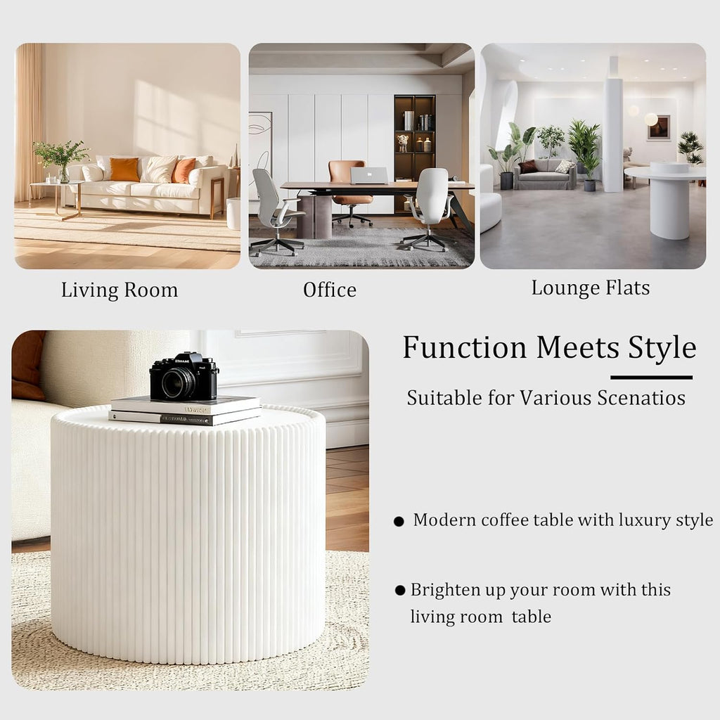 Round Coffee Table Set with Sintered Stone Tabletop, 29.52' Grey Drum Center Table and 17.71' White Coffee Table Set, 2 Pieces Living Room Table Set with Fluted PU Leather Cover& Stable Base