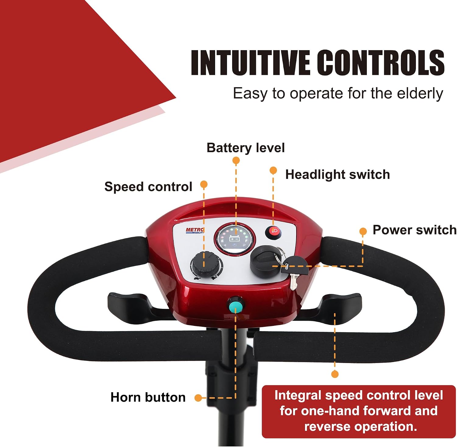 Metro Mobility 4 Wheel Foldable Mobility Scooter for Adults - 300 lbs Capacity Electric Mobility Scooters for Seniors, Travel - Long Range Power Extended Battery with Charger and Basket - Red