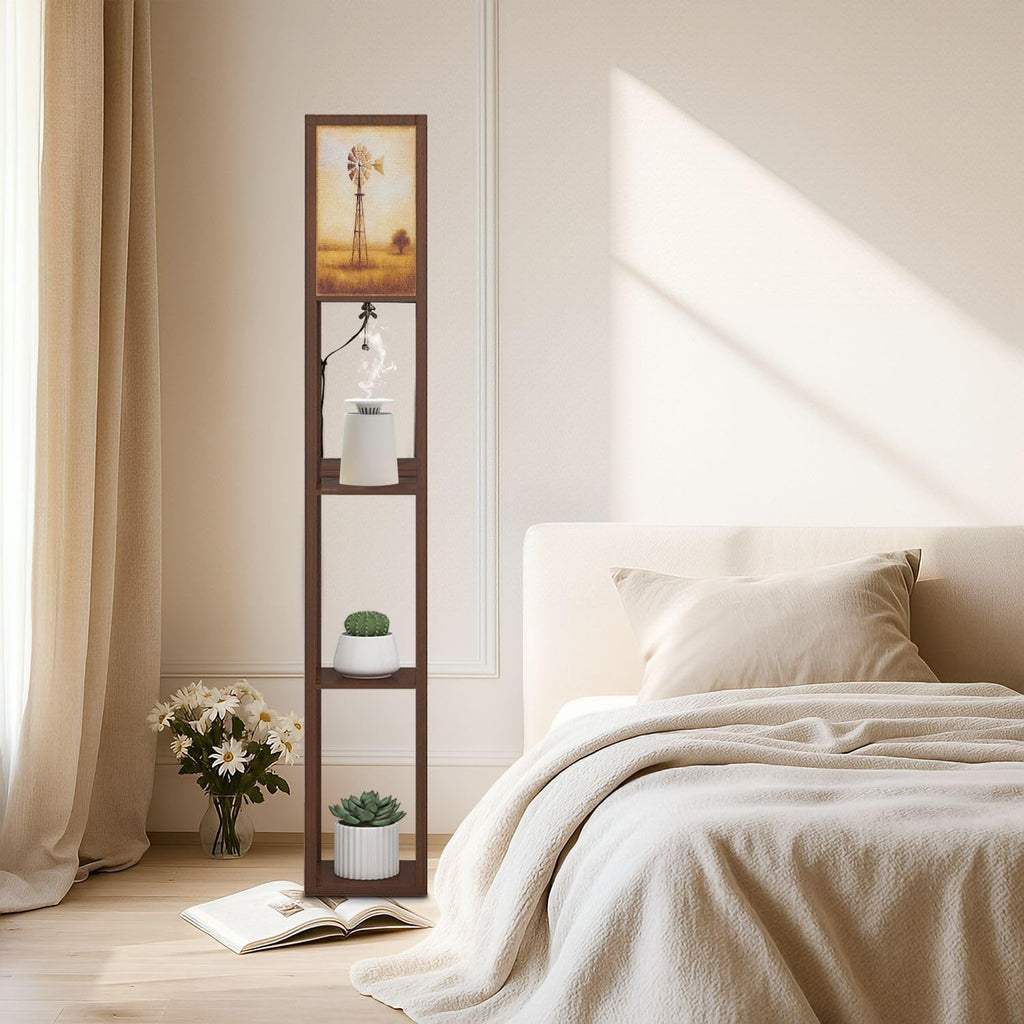 Floor Lamp with Shelves Rustic Windmill Golden Prairie Landscape Standing Tall Lamp USB Ports & Power Outlet Modern Corner Lamp Nightstand Light for Living Room Bedroom