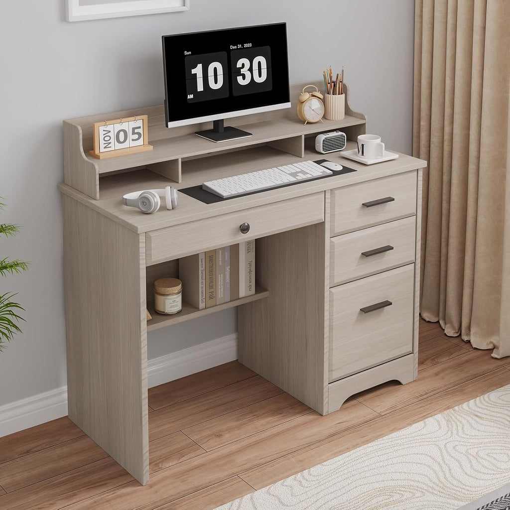 Small Desk with 4 Drawers, Computer Desk with Storage & Monitor Stand for Small Spaces, Office Desk with File Drawer & Shelves for Bedroom, Wood Writing Desk for Home Office, Milky White