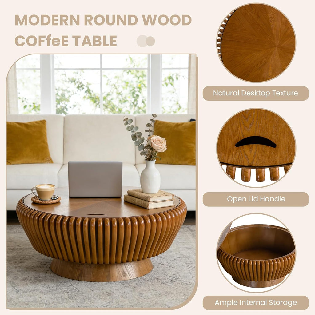 Round Coffee Table with Storage, 35.4' Modern Wooden Drum Coffee Table with Cover, Fluted Circle Center Table, Solid Wood Veneered, Accent Tea Table for Living Room Apartment Small Space (35.4 Brown)