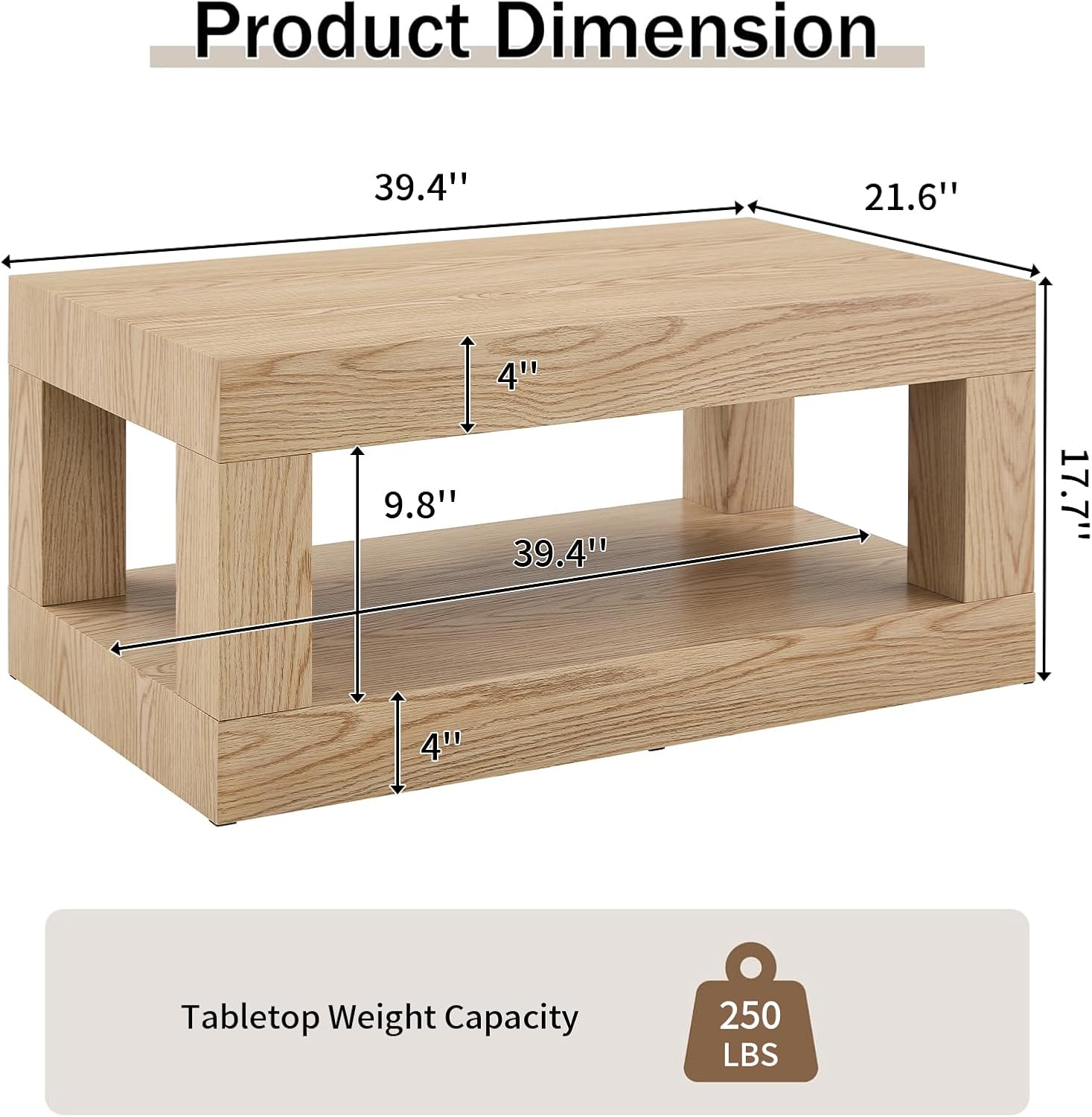 LKTART 39.37' Coffee Table with Storage, 2-Tier Mid Century Rectangular Accent Table with Thick Tabletop, Rustic Style Cocktail, Center Table for Living Room, Office, Apartment (Natural)
