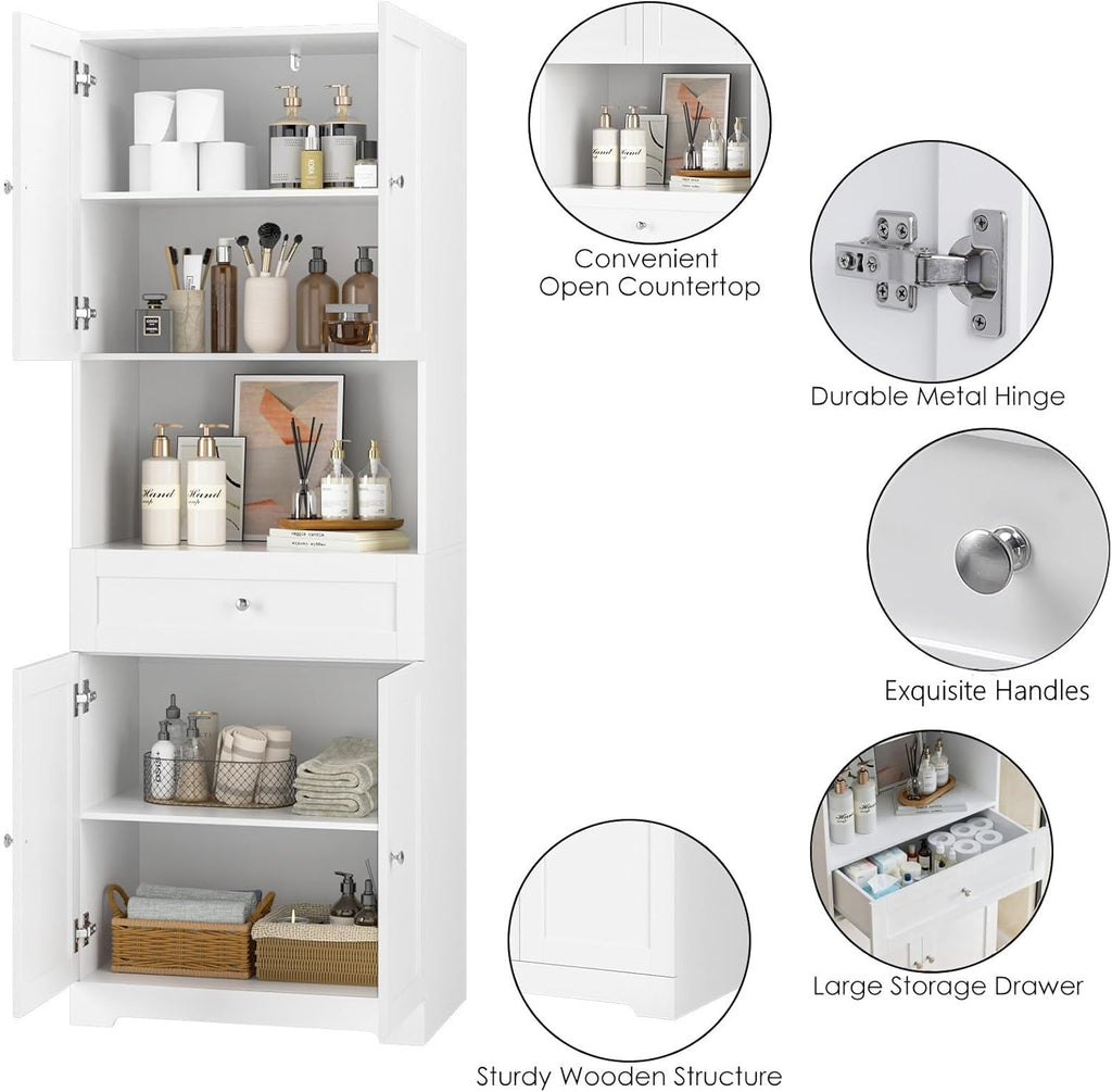 Tall Bathroom Storage Cabinets with Drawer, Modern Linen Cabinet with Doors & Shelves, 67'H Tall Storage Cabinet Freestanding for Bathroom, Dining Room, Kitchen & Pantry, Laundry, Narrow Corner, White