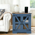 Blue Farmhouse End Table with Charging Station, 21' Wood Sofa Side Table with Mesh Barn Door, Rustic Nightstand with Hidden Storage for Living Room, Square