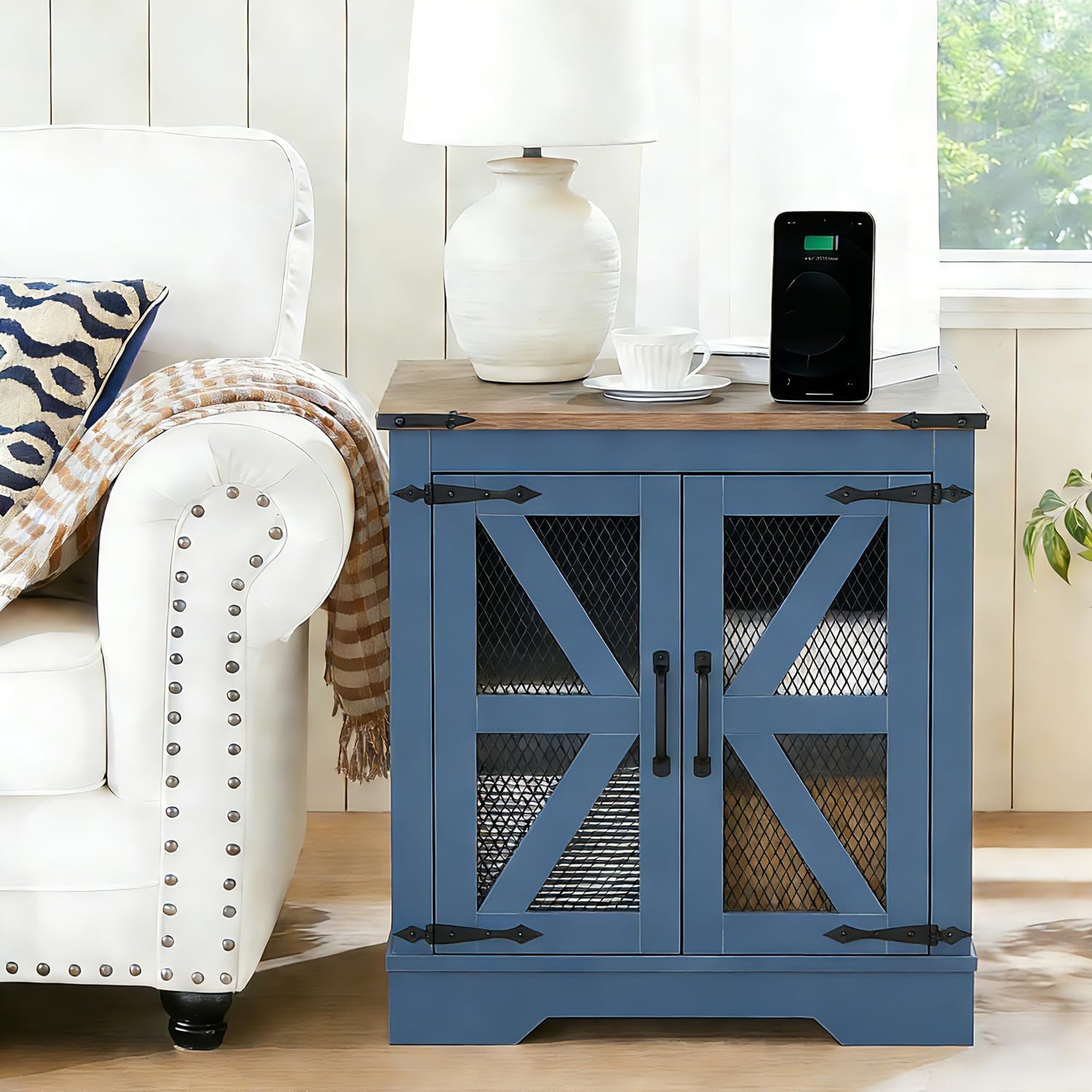 Blue Farmhouse End Table with Charging Station, 21' Wood Sofa Side Table with Mesh Barn Door, Rustic Nightstand with Hidden Storage for Living Room, Square