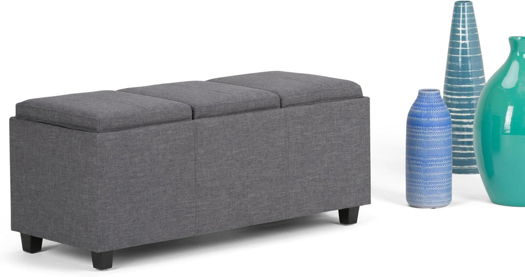 SIMPLIHOME Avalon Storage Ottoman - 42 inch Wide Upholstered Linen Look Fabric Rectangular Flip-Top Ottoman in Slate Grey, Contemporary Coffee Table Ottoman for Living Room with Hidden Storage