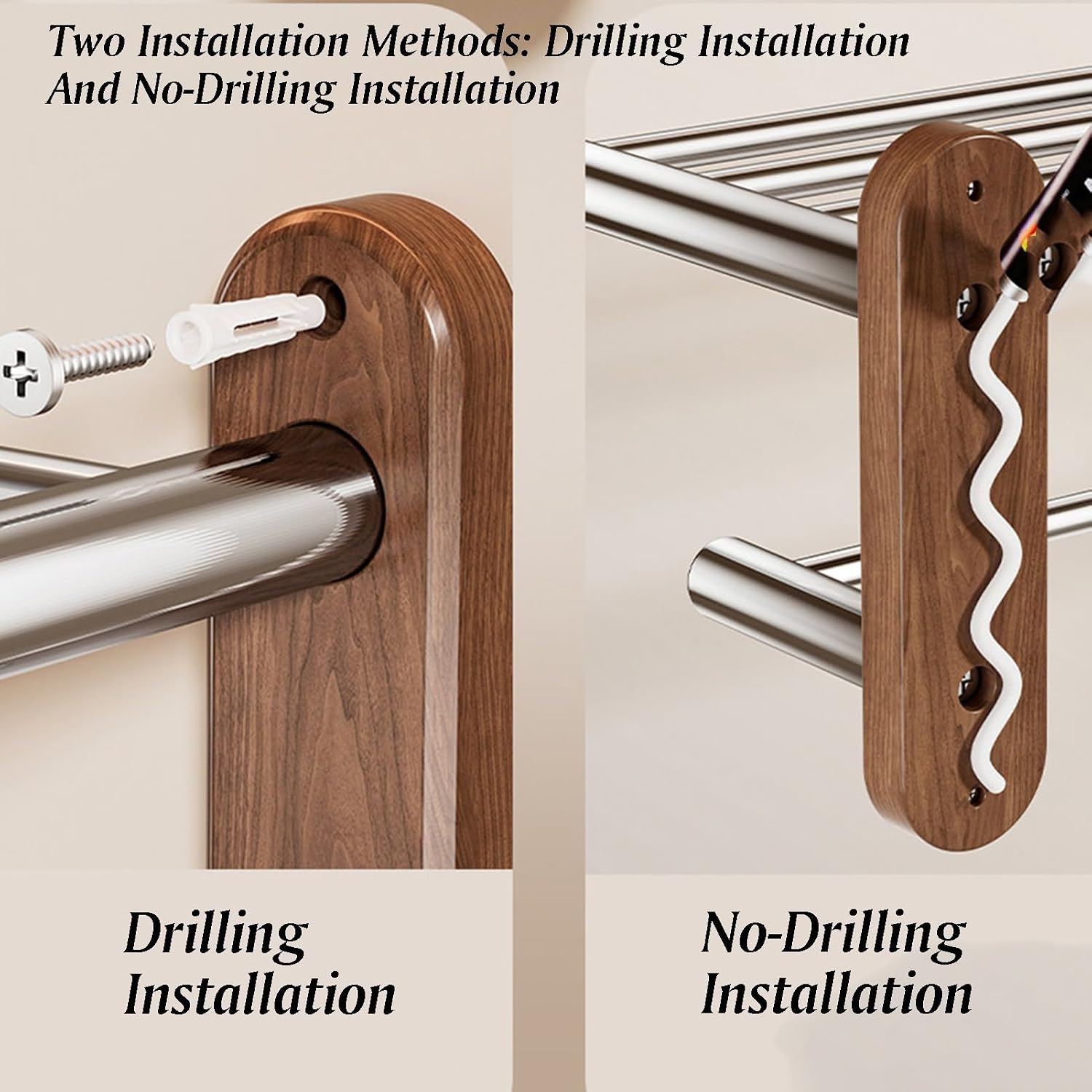Stainless Steel+Solid Wood Towel Rack,Double Layer Bar Wall Mounted,Two Installation Methods,Bathroom Accessories,for Bedroom Bathroom Kitchen(17x18.7x50cm)