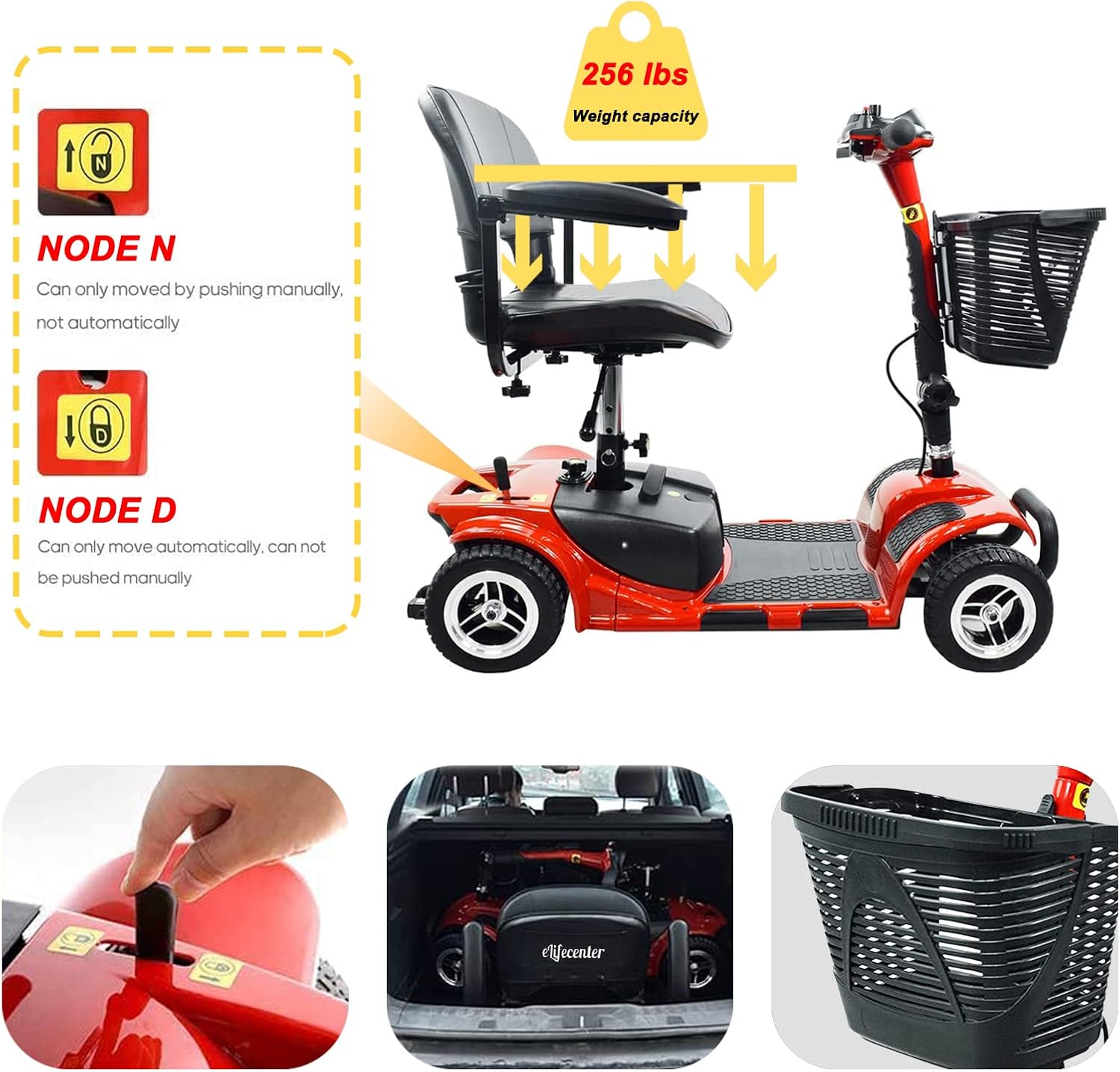 4-Wheel Mobility Scooter - Portable Folding Mobility Scooters for Adults - 12V12AH Battery Power Electric Mobility Scooters for Seniors, Adults, Handicapped, Elderly (Red)