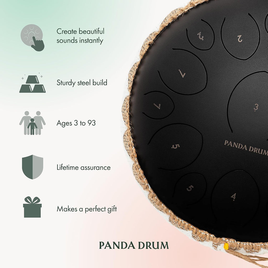 Panda Drum Pro (Black) | Steel Tongue Handpan with Music Book, Mallets, Carrying Bag & Finger Picks | 15 inch, 432 Hz | Rain Drum for Inside & Outside | Calming Musical Instrument for Adults & Kids