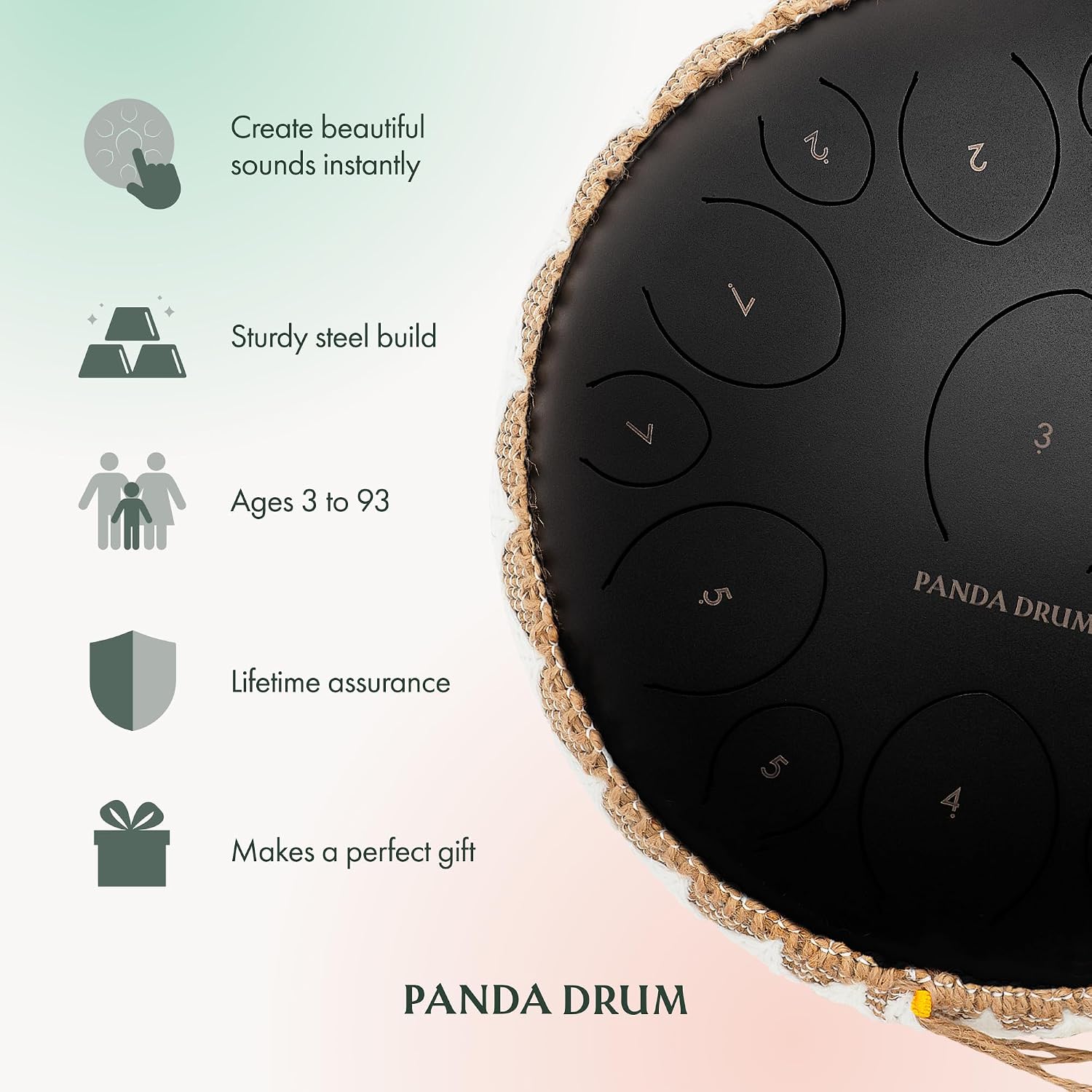 Panda Drum Pro (Black) | Steel Tongue Handpan with Music Book, Mallets, Carrying Bag & Finger Picks | 15 inch, 432 Hz | Rain Drum for Inside & Outside | Calming Musical Instrument for Adults & Kids