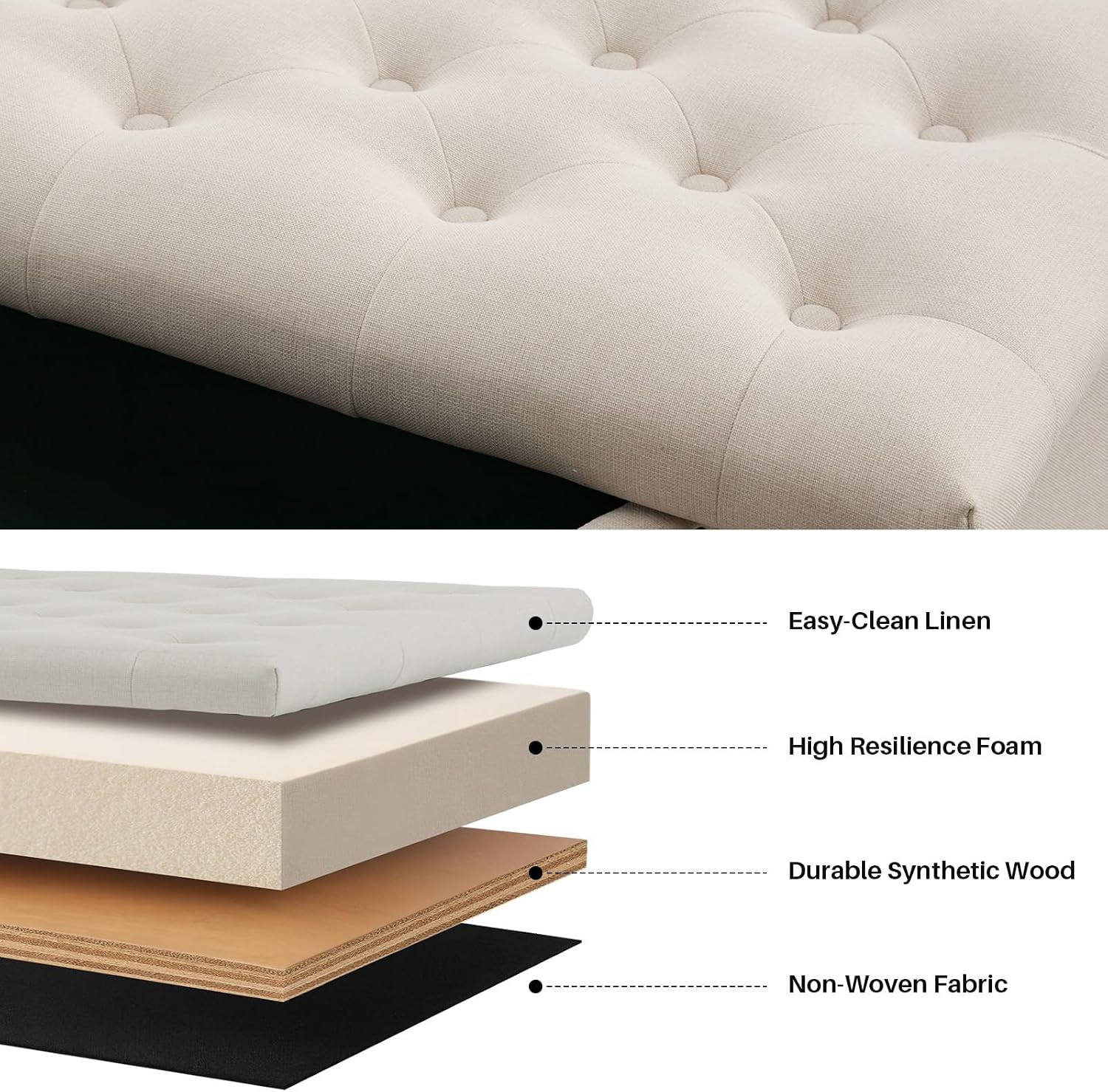 Square Storage Ottoman Coffee Table Tufted Upholstered Large Ottoman with Storage and Rolling Wheels Oversized Footrest Ottomans for Living Room, Beige Linen
