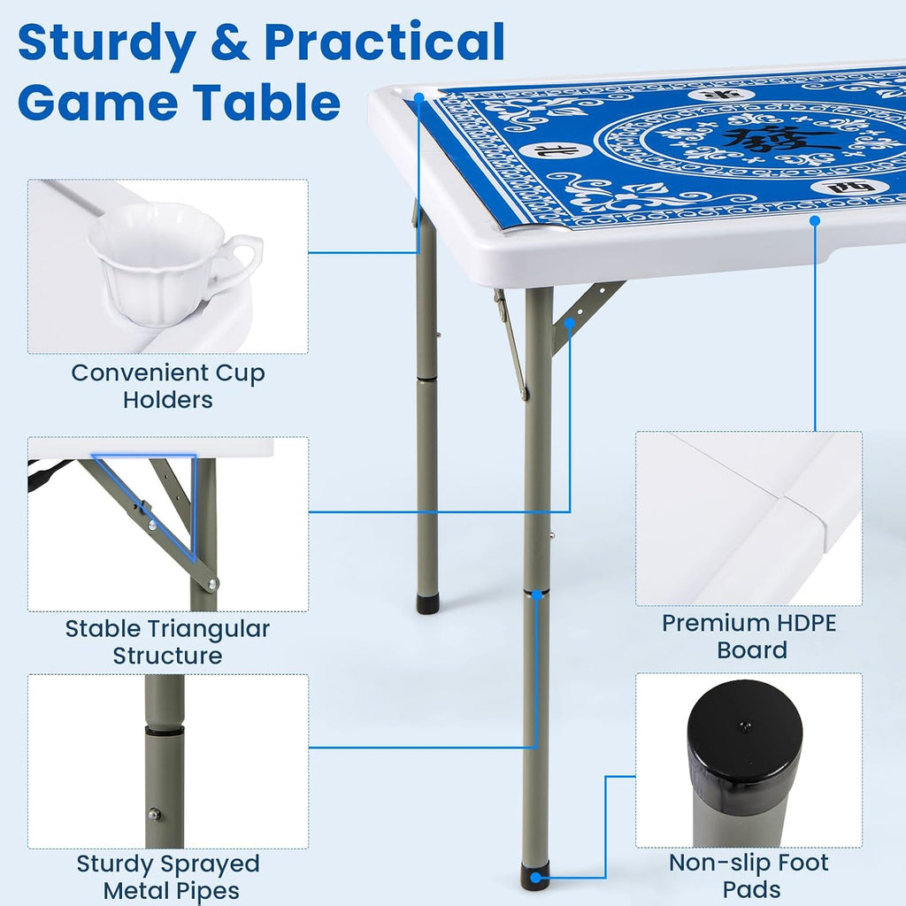 Goplus Mahjong Table, 35' Square Folding Card Table w/4Cup Holders, Anti Slip Mat, HDPE Tabletop, Metal Legs, Portable Mahjong Game Table for Domino Game, Picnic (Ocean Blue, Table w/Removable Mat)