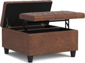 SIMPLIHOME Harrison Small Coffee Table Storage Ottoman - 30 inch Wide Upholstered Vegan Leather Square Lift-Top Ottoman in Distressed Saddle Brown, Transitional Ottoman for Living Room with Storage
