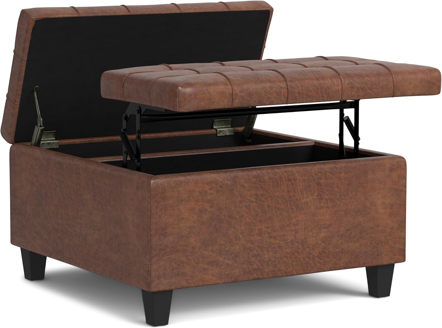 SIMPLIHOME Harrison Small Coffee Table Storage Ottoman - 30 inch Wide Upholstered Vegan Leather Square Lift-Top Ottoman in Distressed Saddle Brown, Transitional Ottoman for Living Room with Storage