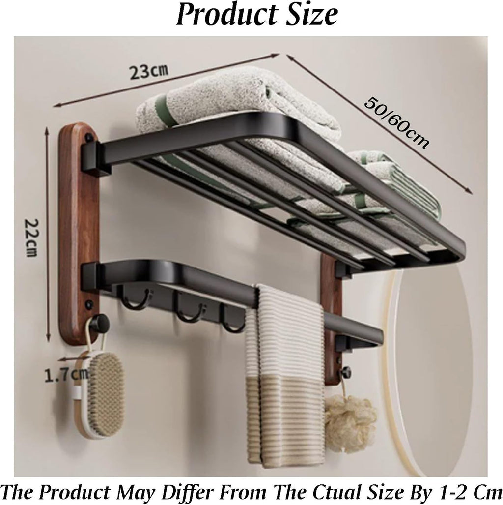 Wall Mounted Towel Rack,Over Toilet Storage with Towel Bar,Space Aluminum+Wood,Double-Folding Design,for Livingroom Bathroom(L-60cm)