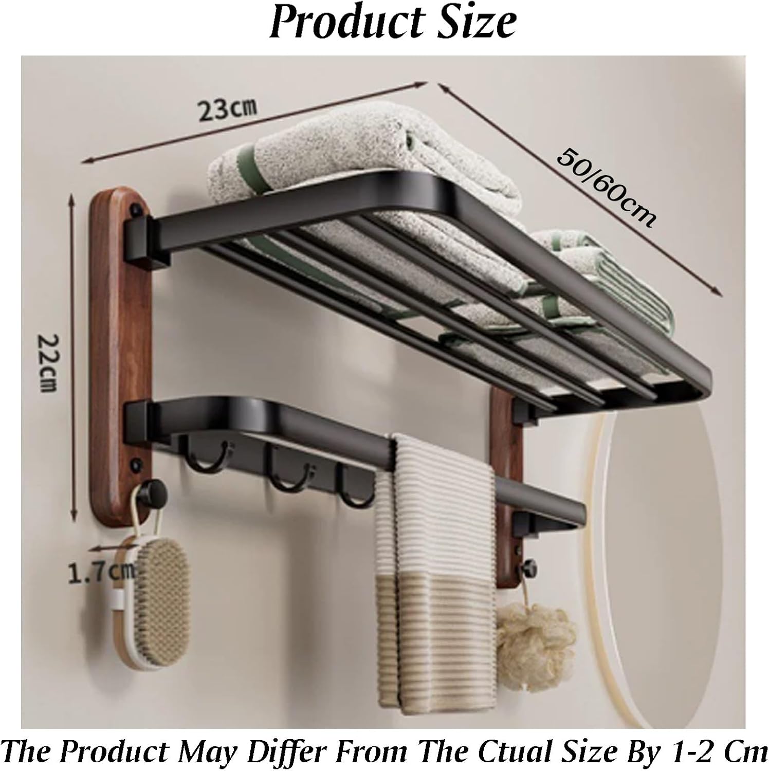 Wall Mounted Towel Rack,Over Toilet Storage with Towel Bar,Space Aluminum+Wood,Double-Folding Design,for Livingroom Bathroom(L-60cm)