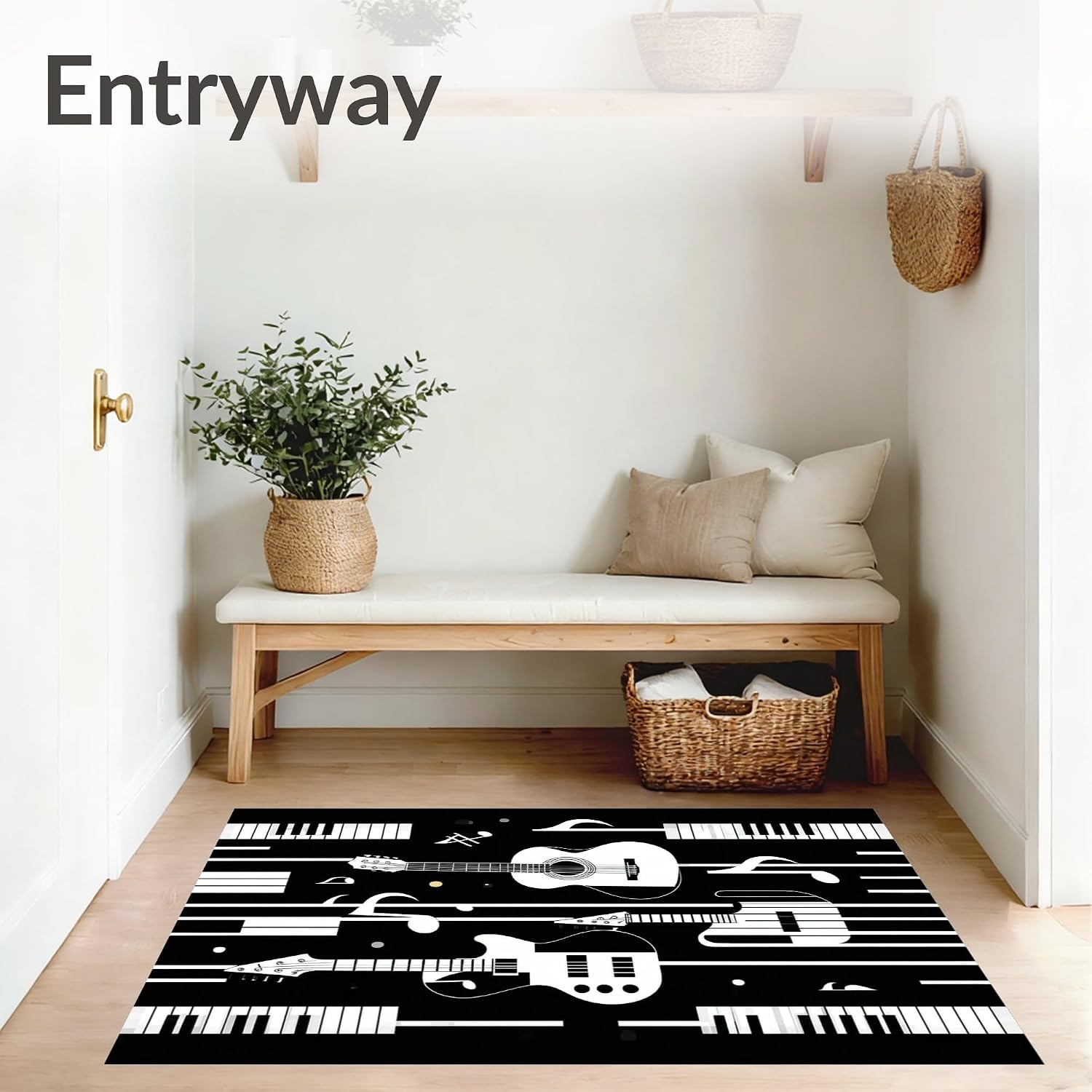 Flatwoven High Traffic Area Rug 4x6, Acoustic Guitar and Piano Keys for Music Lovers, Non Slip, Stain Resistant, Washable Area Rugs for Living Room, Bedroom (Black, 4x6, Pad)