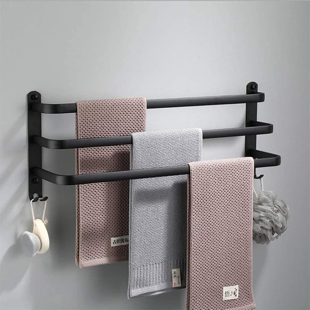 Matte Black Aluminum Wall-Mounted Double Towel Rail - Self-Adhesive Bathroom STO Rack Holder for Space-Saving nizat (80cm)