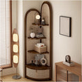 5-Tier Corner Shelf, Multi-Functional Rattan Triangle Bookshelf with Storage Basket, Solid Wood Floor Standing Cabinet for Living Room, Bedroom, Office(Brown)