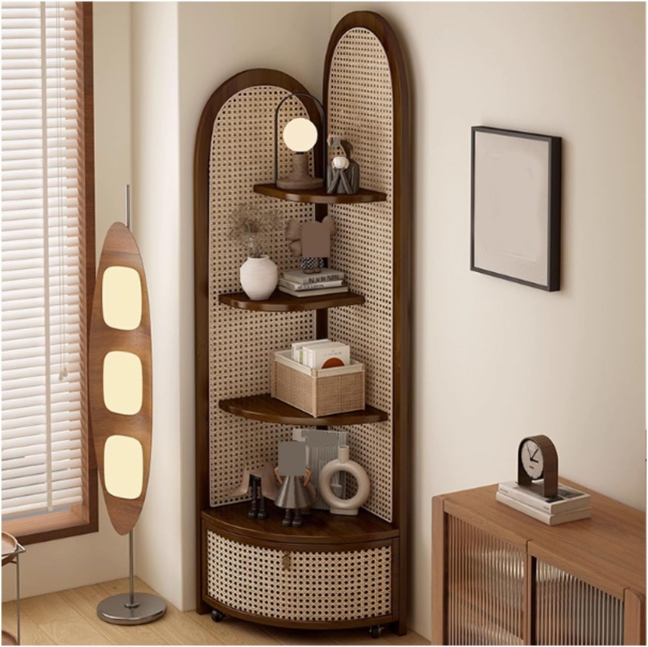5-Tier Corner Shelf, Multi-Functional Rattan Triangle Bookshelf with Storage Basket, Solid Wood Floor Standing Cabinet for Living Room, Bedroom, Office(Brown)