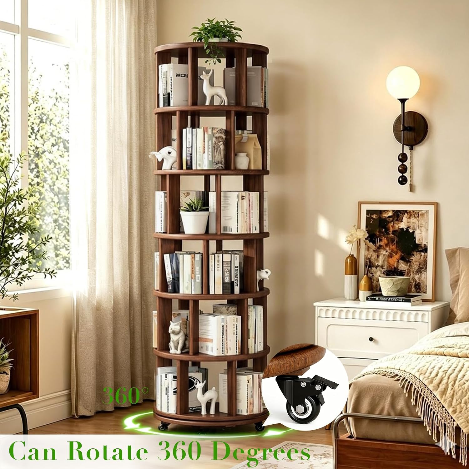 6 Tier Rotating Solid Wood Bookshelf, Corner Small Bookshelf Lazy Susan Organizer,Circular Rotating Spinning Bookshelf on Wheels, Revolving 360° Bookshelf for Small Spaces for Bedroom