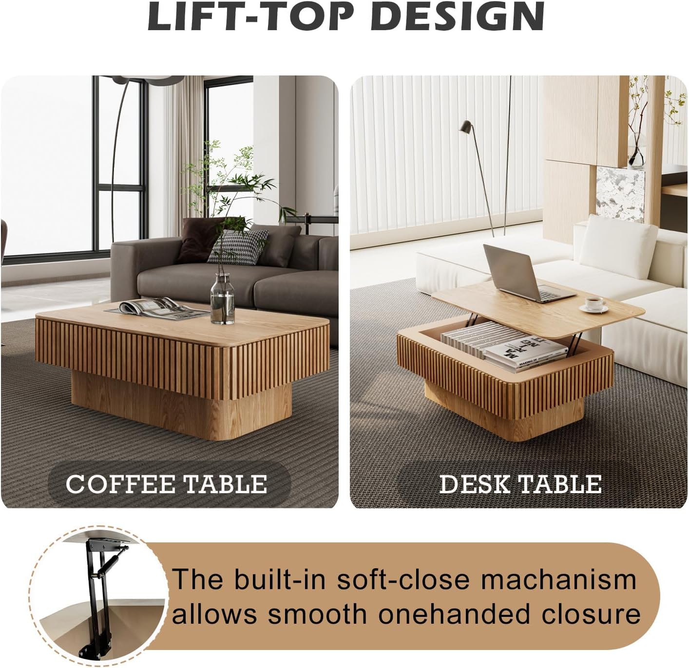 Lift Coffee Table with Storage & Adjustable Height, Solid Wood Coffee Table Fluted Center Table Accent Tea Table or Living Room, Apartment, Office (38.6' Natural)