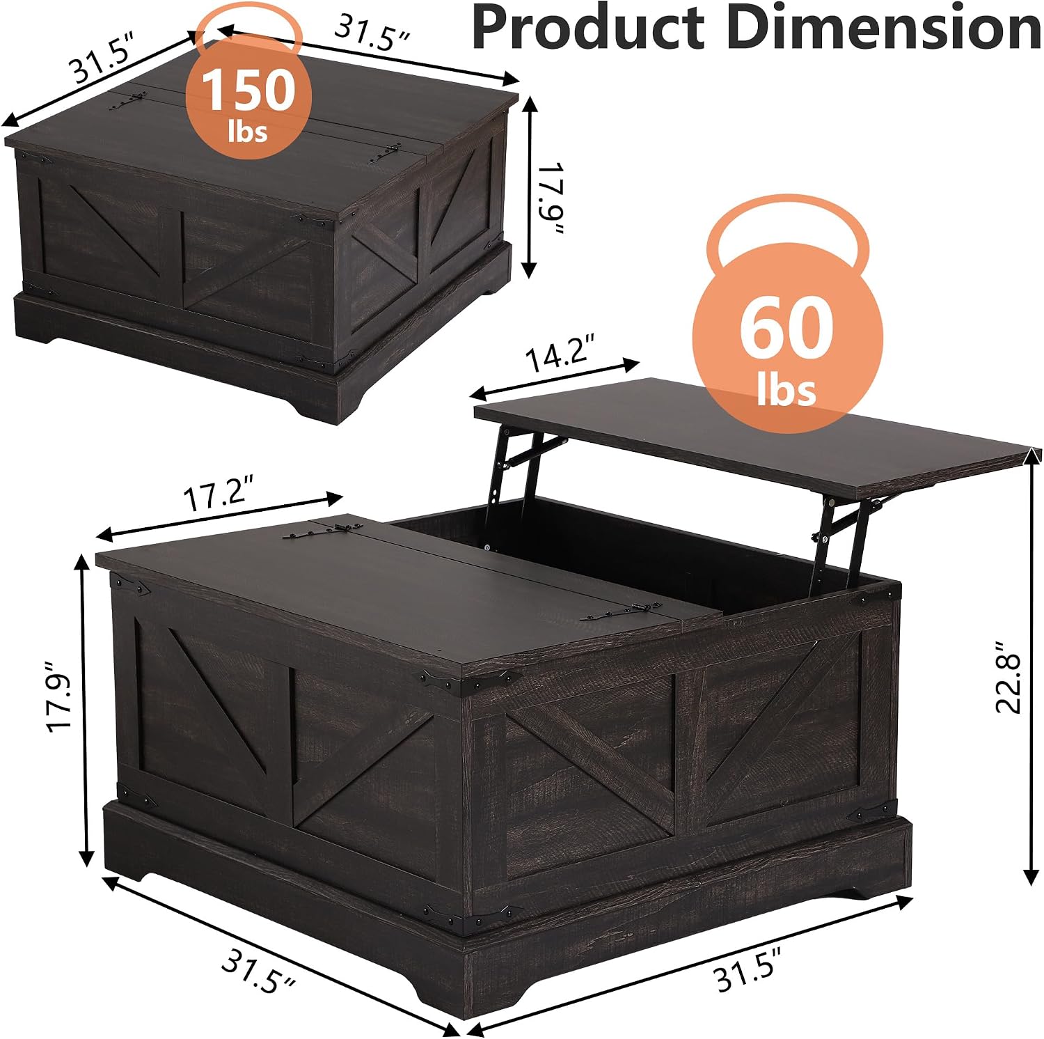 LOUVIXA Vintage Storage Coffee Table, Lift Top Coffee Table, Square Center Table, Living Room Tables, Wood Tea Table (Retro Brown)