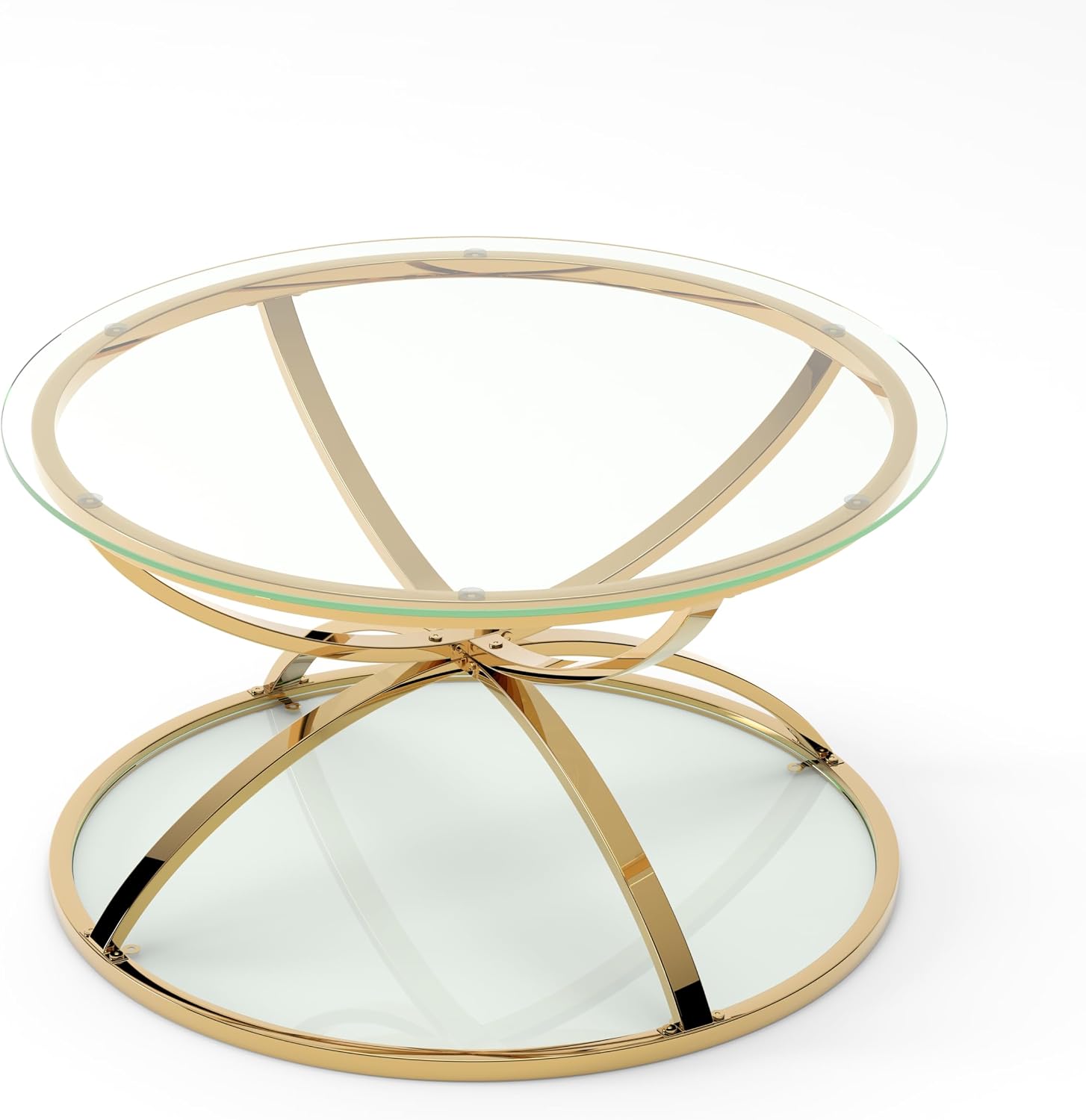 JIJIWANG 2 Tier Glass Round Coffee Table with Metal Frame and Clear Tempered Glass, 31.50'' Center Table with Ring-Shaped Frames for Living Room, Bedroom, Office, Gold