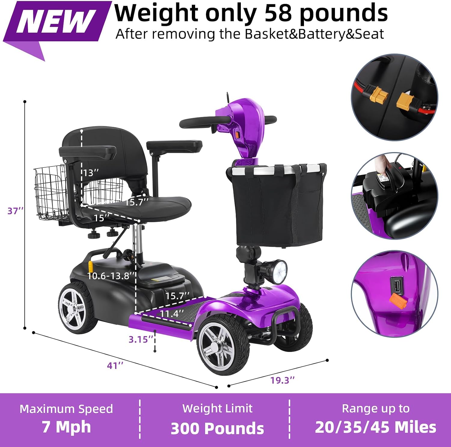 20 Miles 4 Wheels Mobility Scooter for Seniors/Adults Up to 300LBS,350W Electric Wheelchair Detachable Lithium Battery,Dual Baskets,Rotating Seat,with Taillight, USB Charging, Purple