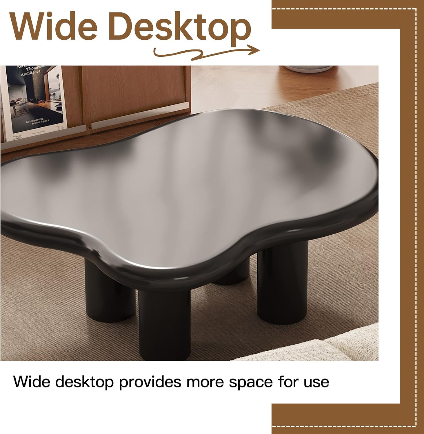 35.43' Cloud Shape Coffee Table, Modern Round Edge Black Coffee Table with 4 Sturdy Support Legs and 2.28' Thick Tabletop for Living Room, Bedroom