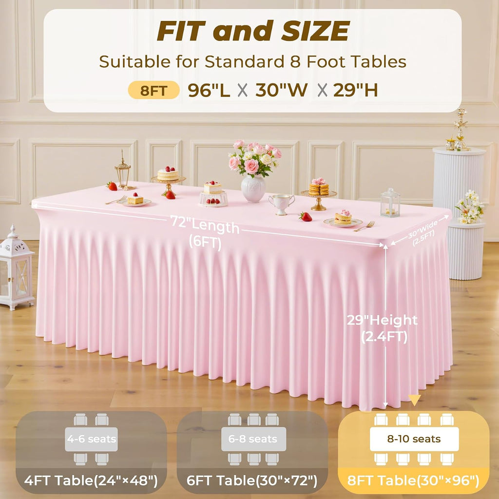 6 Pack Pink Spandex Fitted Tablecloth 8 Foot - Stretch Table Clothes for 8 FT Rectangle Table, Washable Ruffles Elastic for Weddings, Buffet, Banquet, Trade Craft Show, Party Celebration