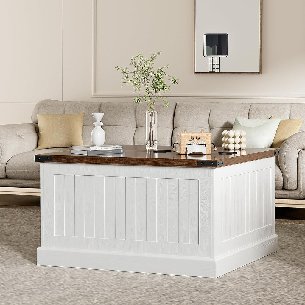 Farmhouse Coffee Table with Storage, Square Wood Coffee Tables for Living Room, Large Center Table with Flip-Top Lid, 31.5 Inch (White and Rustic Brown)