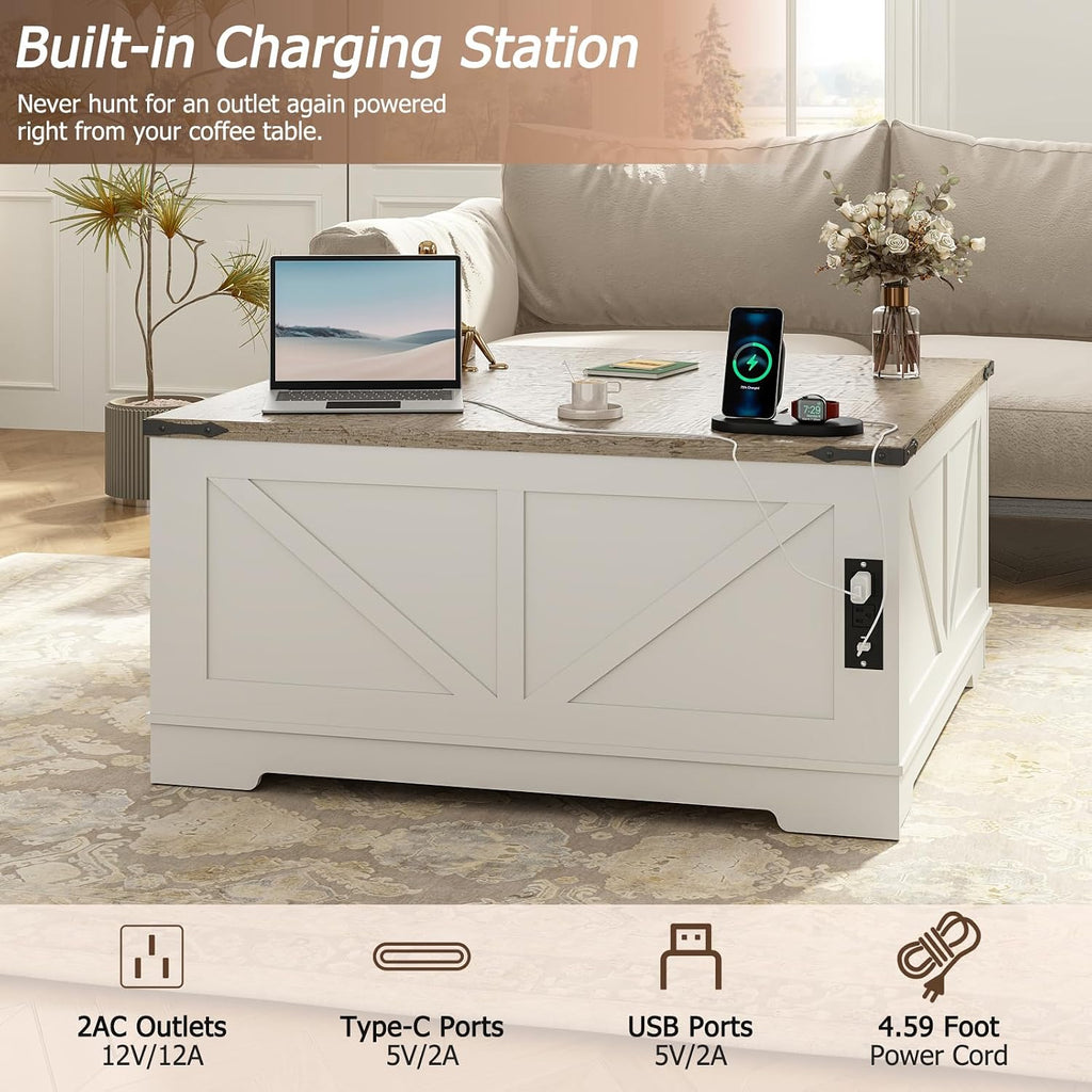 EAG 40' Large Farmhouse Lift Top Coffee Table with Hidden Compartment & Power Outlets, Square Wooden Coffee Table with Multi-Function Flip-Top Ample Storage Center Table for Living Room, White