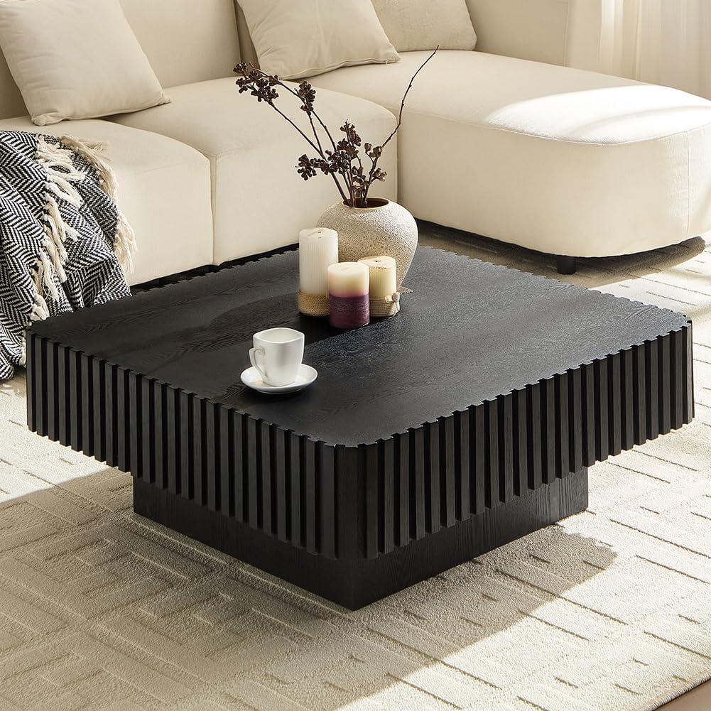 35.43'' Square Coffee Table for Living Room Fluted Coffee Table Modern Center Table with Pedestal for Apartment Black