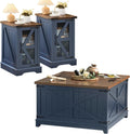 Joaxswe Farmhouse Coffee Table Set of 3, Narrow NightStands with Glass Barn Door Storage, Large Coffee Tables with Hidden Storage Organizer, Furniture Sets for Office, Living Room, Blue