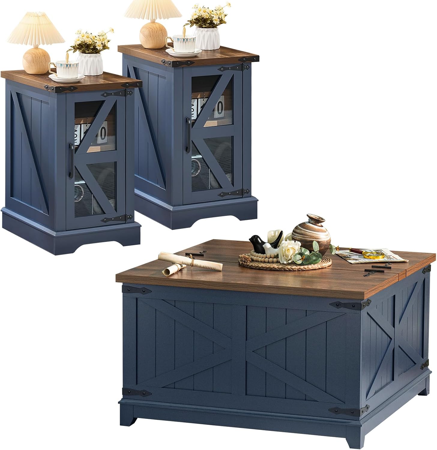 Joaxswe Farmhouse Coffee Table Set of 3, Narrow NightStands with Glass Barn Door Storage, Large Coffee Tables with Hidden Storage Organizer, Furniture Sets for Office, Living Room, Blue